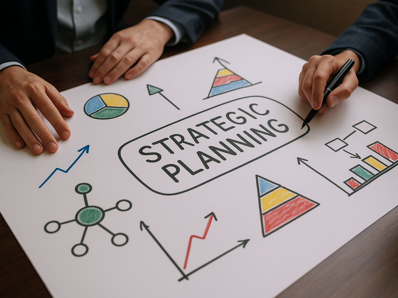 Изображение на плакат с ръчно нарисувана схема за стратегическо планиране, включваща графики за растеж и диаграми. Ръцете на двама души в сака показват процеса на съвместна работа и анализ.