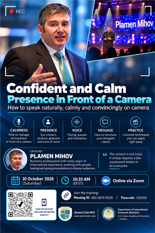 Promotional poster for Plamen Mihov's online training 'Confident and Calm Presence in Front of a Camera' on October 10 2026 at 10:10 AM EEST including the Zoom meeting link