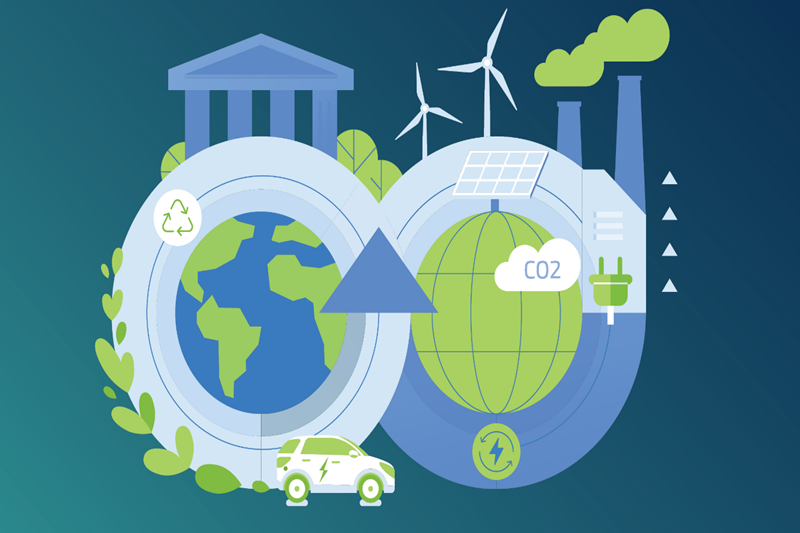 Илюстрация, представяща елементи на устойчива енергия - електрически автомобил, вятърна турбина, слънчеви панели и планети, символизиращи екологичен подход