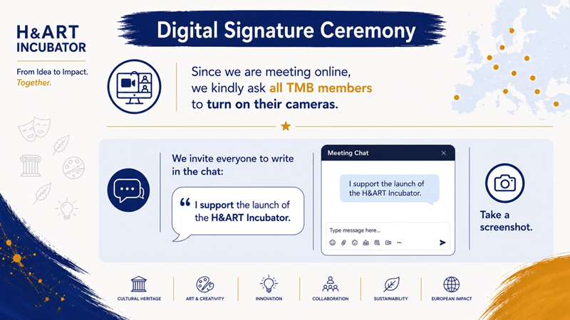 Лого на H&ART Инкубатор с надпис “Digital Signature Ceremony” и покана към членовете на TMB да включат камерите си по време на онлайн срещата