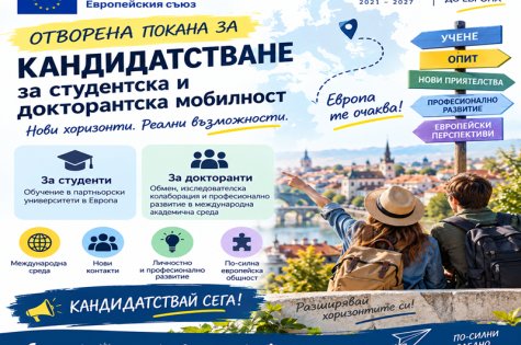 Покана за кандидатстване за участие в студентска и докторантска мобилност по програма „Еразъм+“