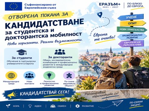 Покана за кандидатстване за участие в студентска и докторантска мобилност по програма „Еразъм+“